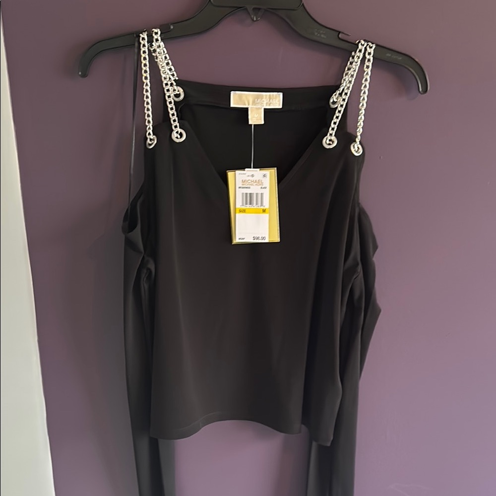 Michael Kors Black blouse, Chain Straps, shoulder cut outs. Brand new w/ tag